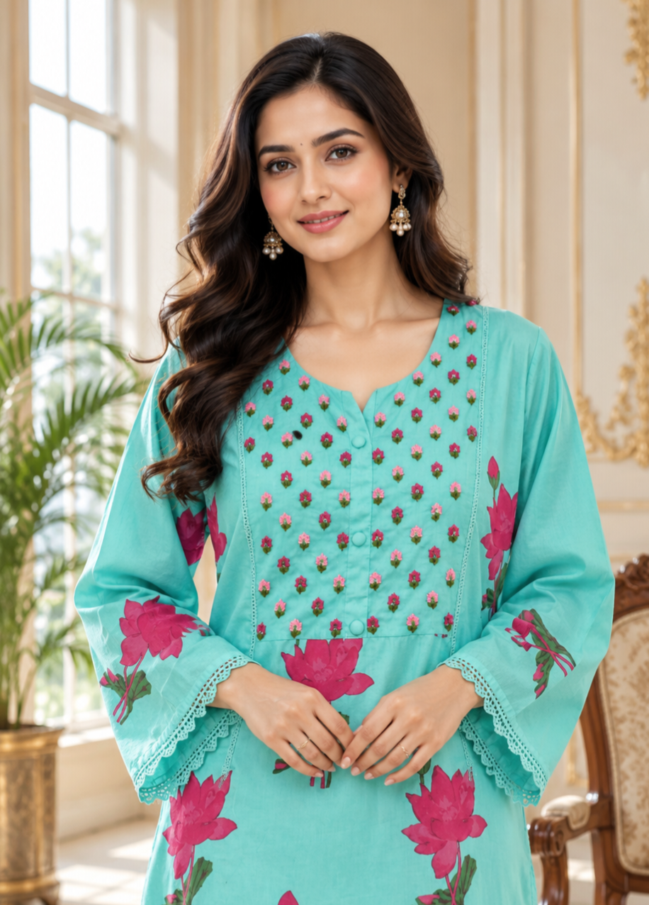 Women Sky Blue Embroidered Cotton Kurta Pant Dupatta