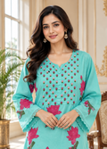 Women Sky Blue Embroidered Cotton Kurta Pant Dupatta