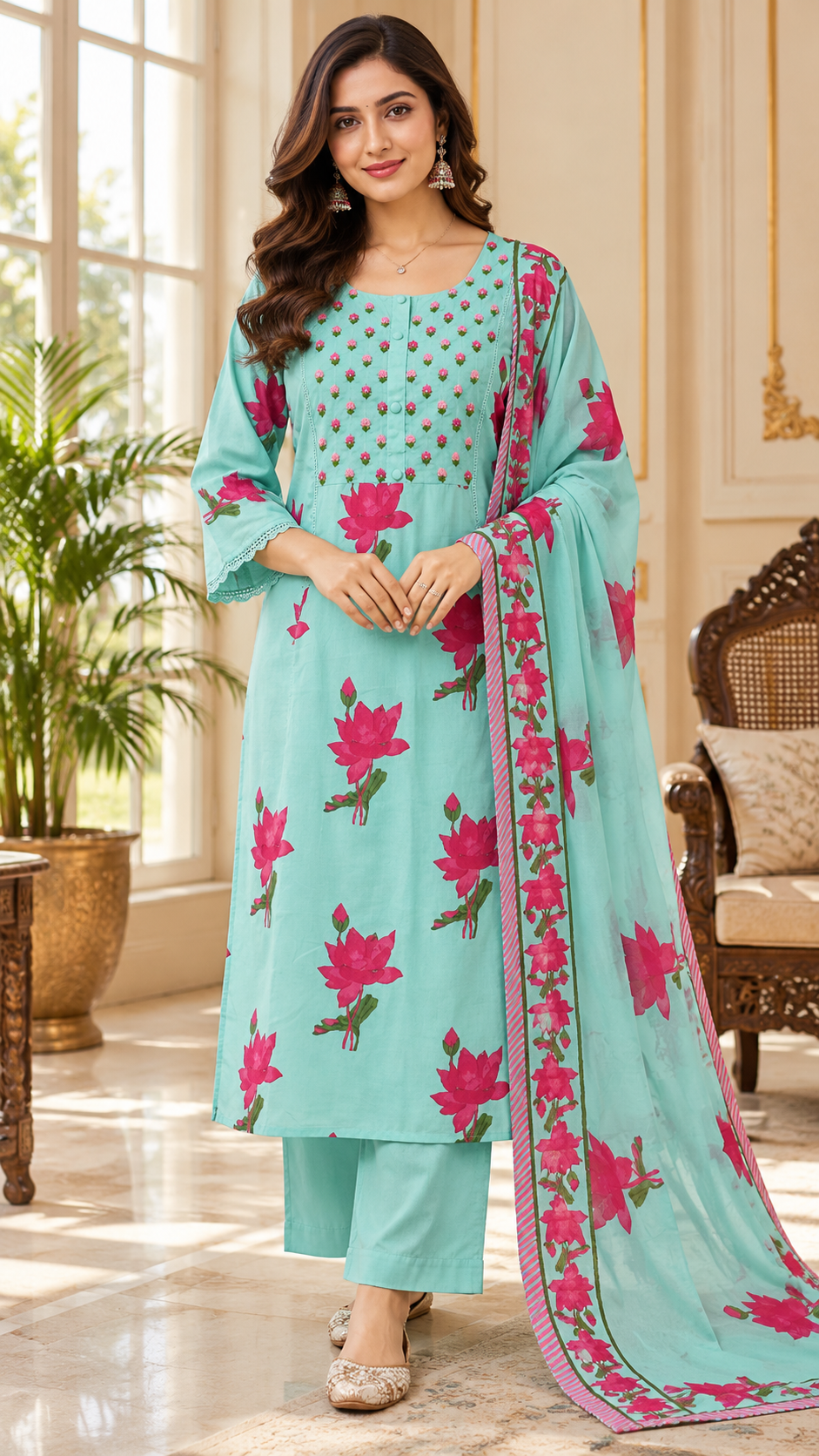 Women Sky Blue Embroidered Cotton Kurta Pant Dupatta