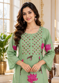 Women Light Green Embroidered Cotton Kurta Pant Dupatta