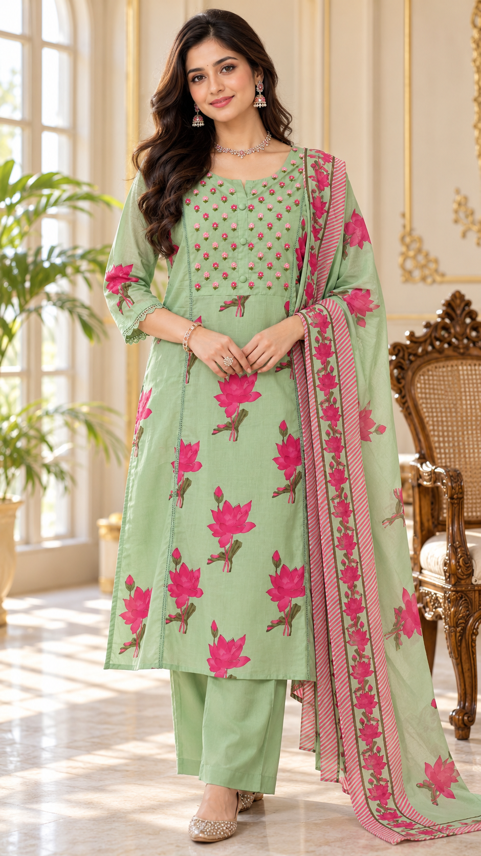 Women Light Green Embroidered Cotton Kurta Pant Dupatta