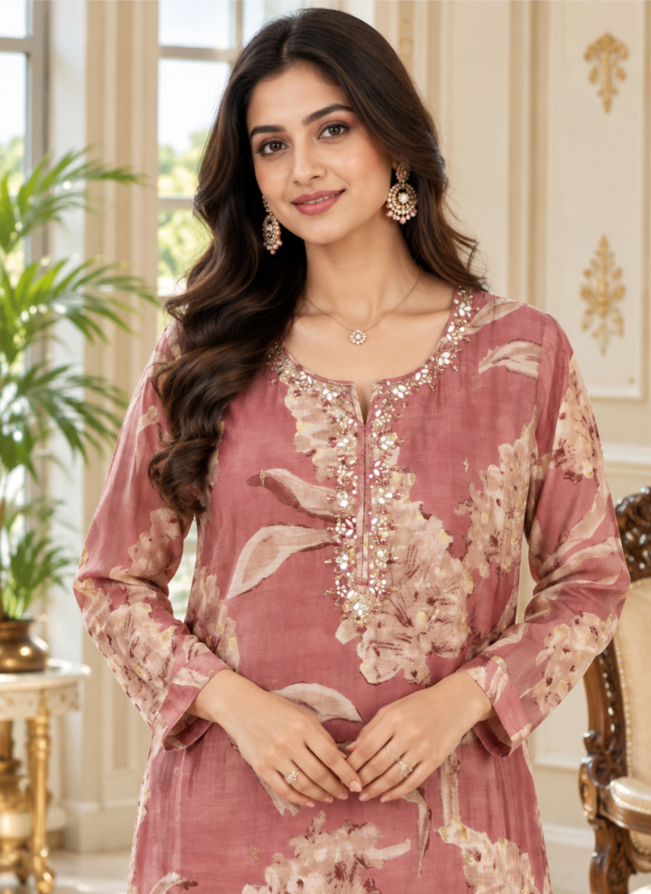Women Onion Zari Muslin Kurta Pant Dupatta