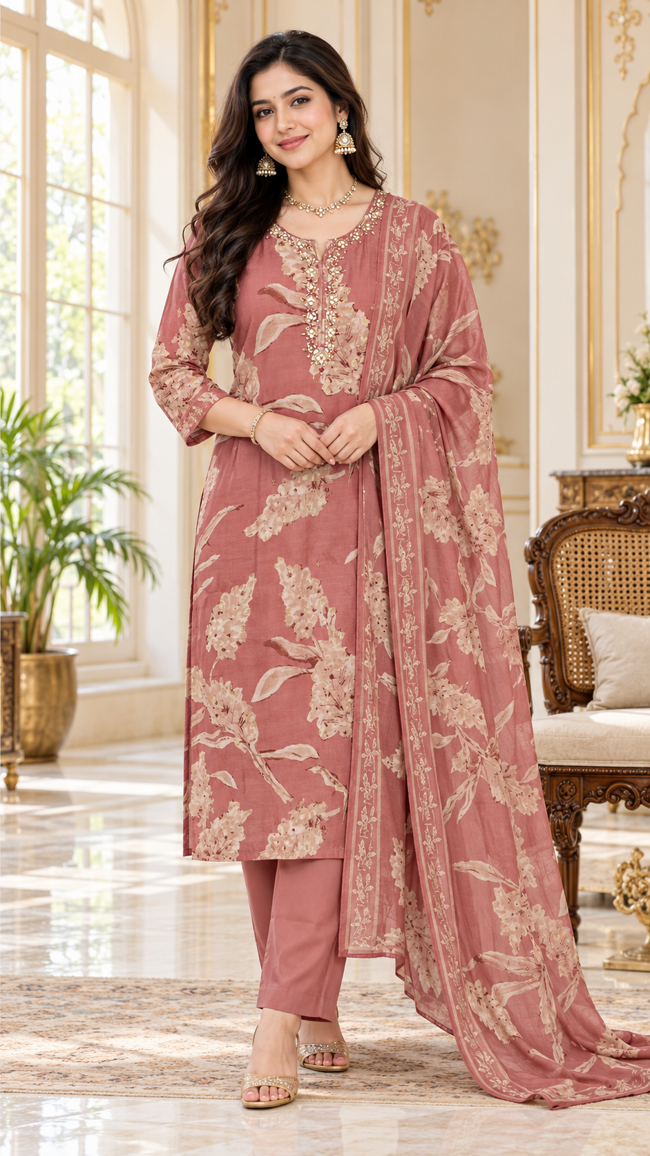 Women Onion Zari Muslin Kurta Pant Dupatta