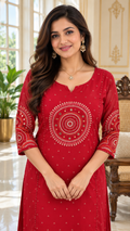 Women Red Embroidered Cotton Kurta Pant Dupatta