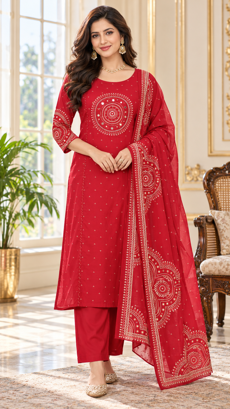 Women Red Embroidered Cotton Kurta Pant Dupatta