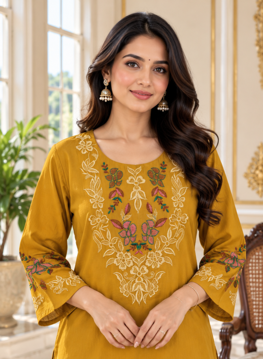 Women Mustard Yellow Embroidered Cotton Kurta Pant