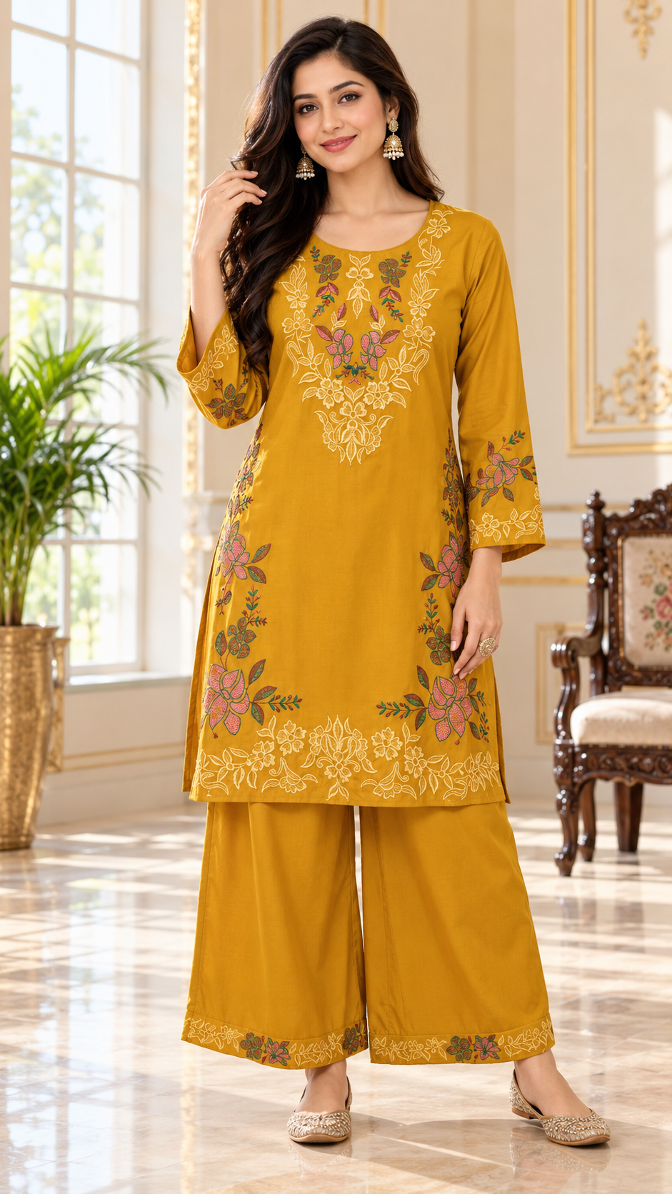 Women Mustard Yellow Embroidered Cotton Kurta Pant