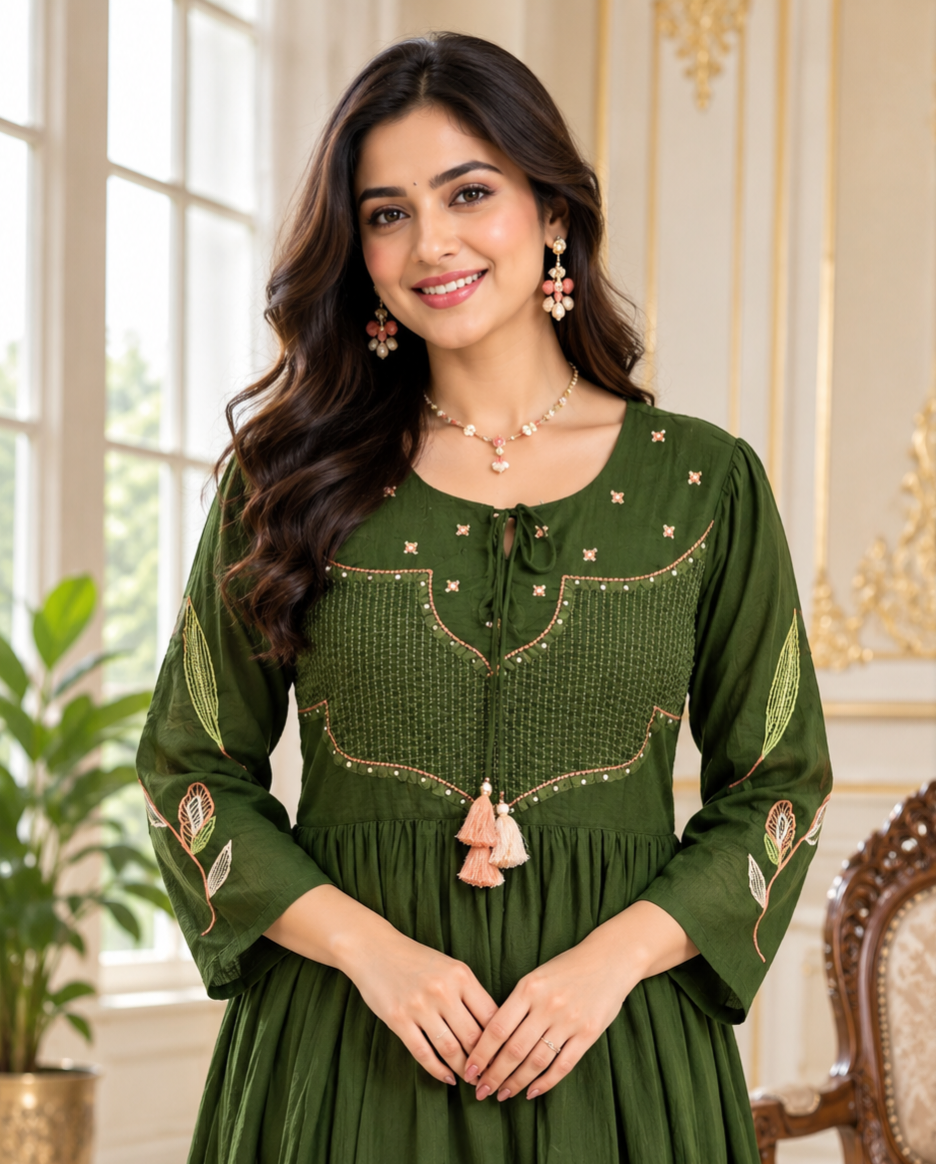Women Mehandi Embroidered Cotton Kurta Pant Dupatta