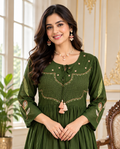 Women Mehandi Embroidered Cotton Kurta Pant Dupatta