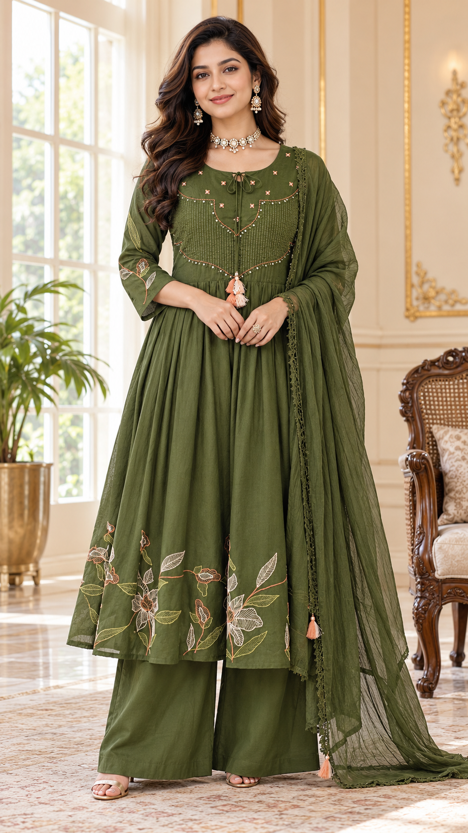 Women Mehandi Embroidered Cotton Kurta Pant Dupatta