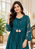 Women Teal Blue Embroidered Cotton Kurta Pant Dupatta