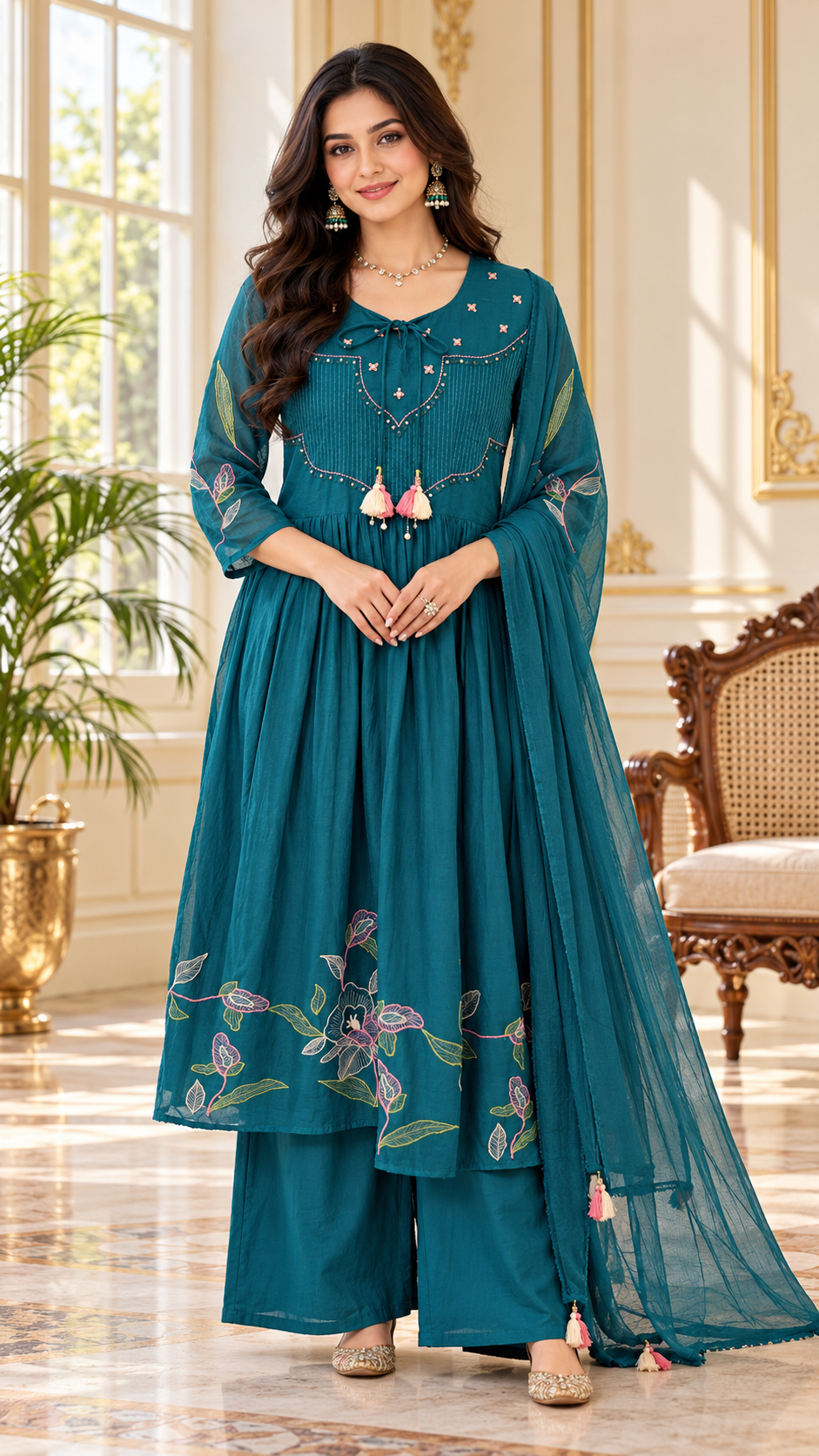 Women Teal Blue Embroidered Cotton Kurta Pant Dupatta