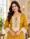Women Yellow Embroidered Cotton Kurta Pant Dupatta
