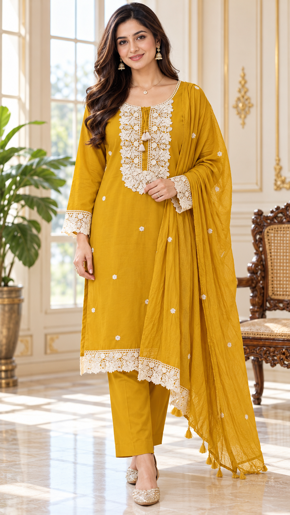 Women Yellow Embroidered Cotton Kurta Pant Dupatta