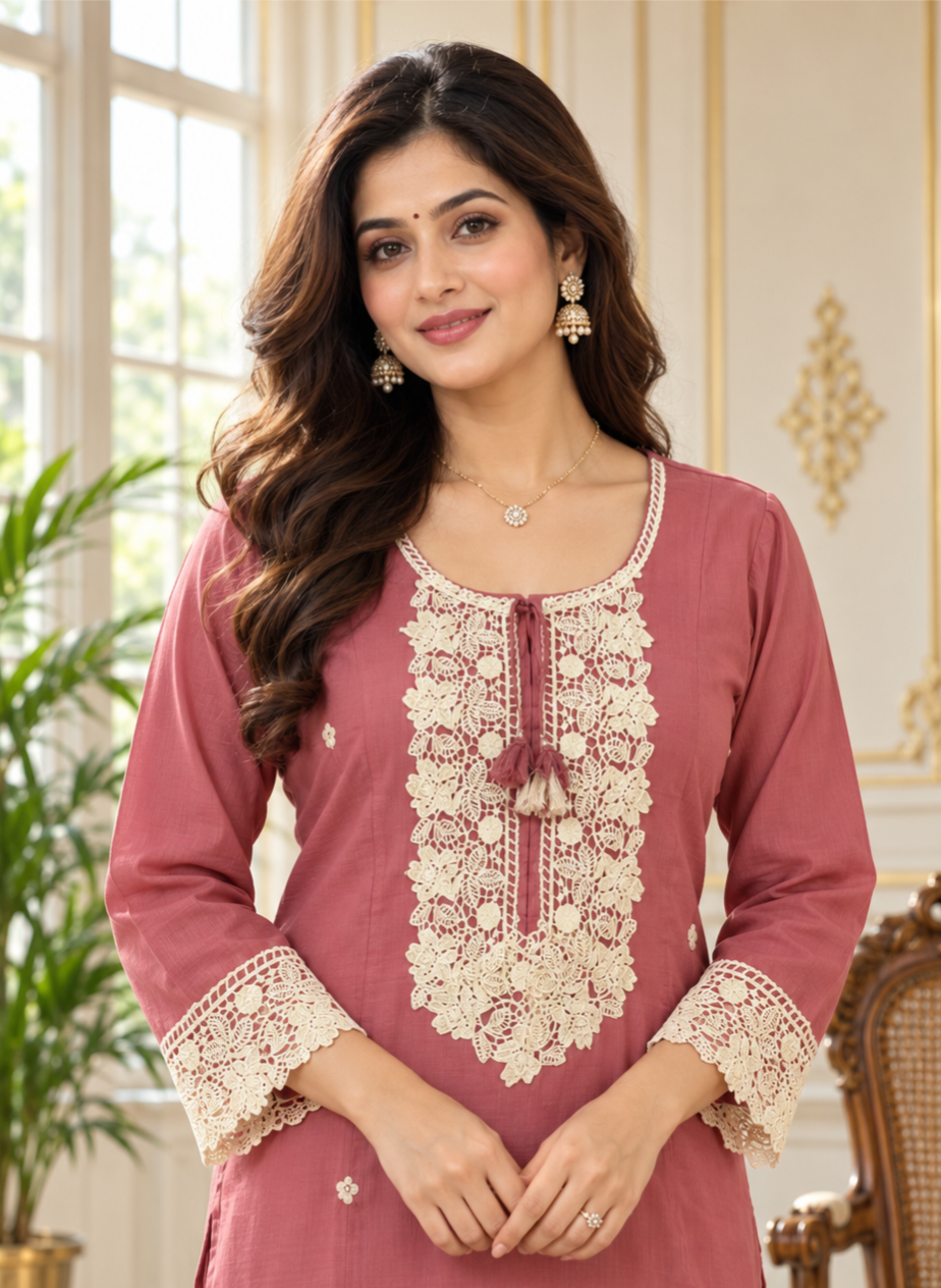 Women Pink Embroidered Cotton Kurta Pant Dupatta