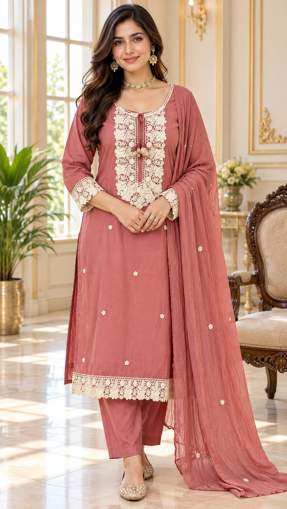 Women Pink Embroidered Cotton Kurta Pant Dupatta