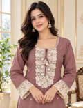 Women Purple Embroidered Cotton Kurta Pant Dupatta