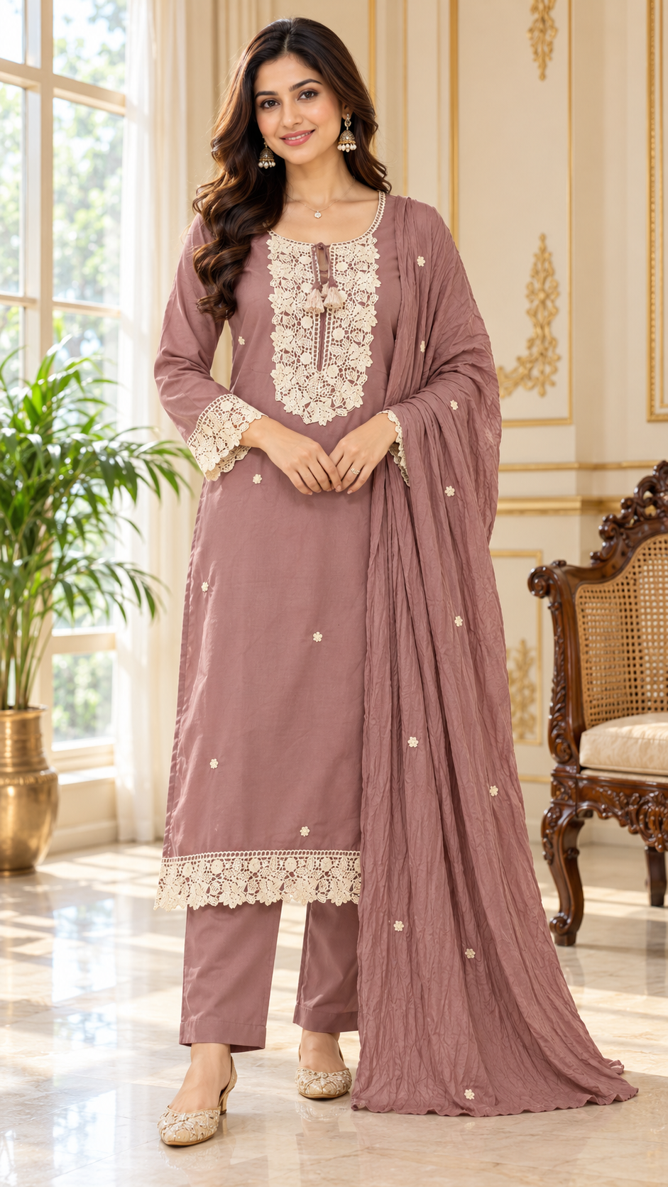 Women Purple Embroidered Cotton Kurta Pant Dupatta
