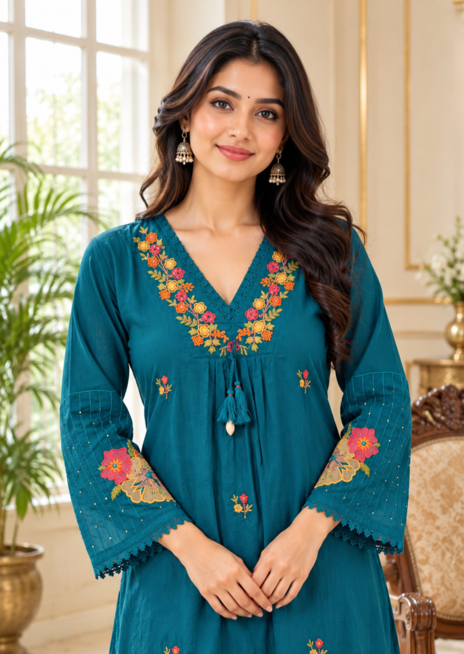 Women Teal Blue Embroidered Cotton Kurta Pant Dupatta