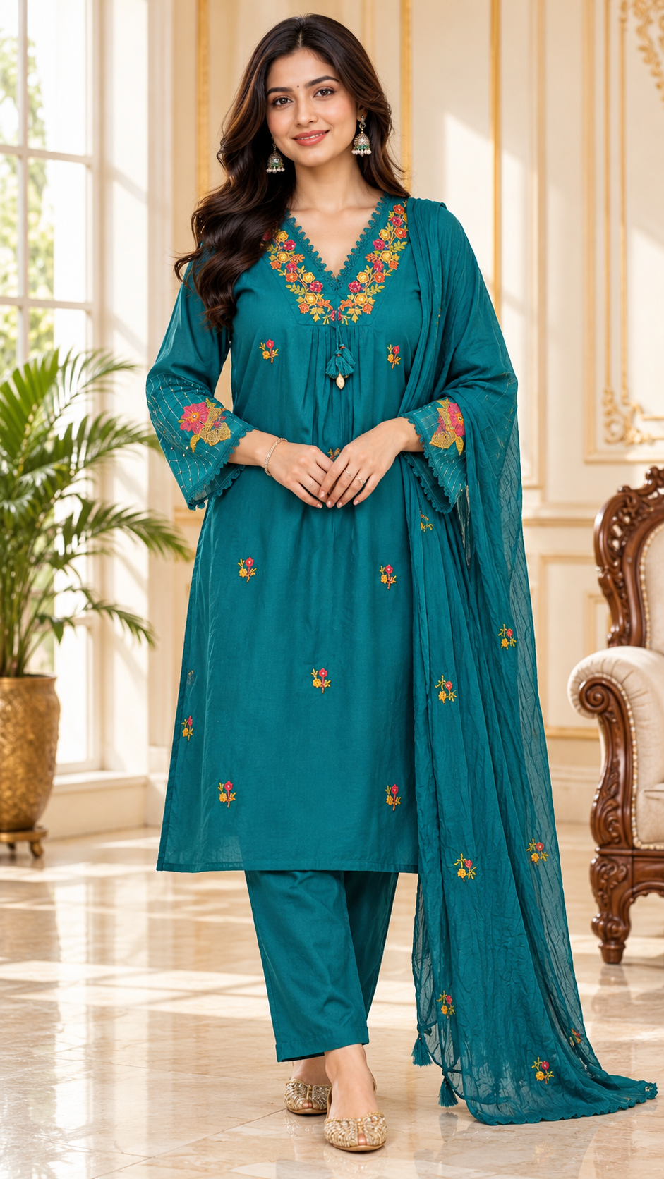 Women Teal Blue Embroidered Cotton Kurta Pant Dupatta