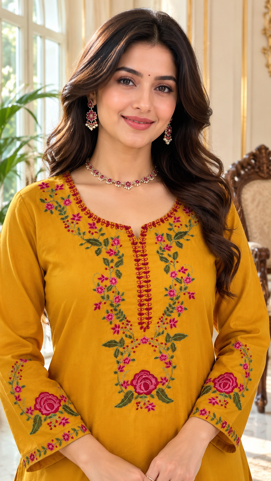 Women Mustard Yellow Embroidered Cotton Kurta Pant Dupatta