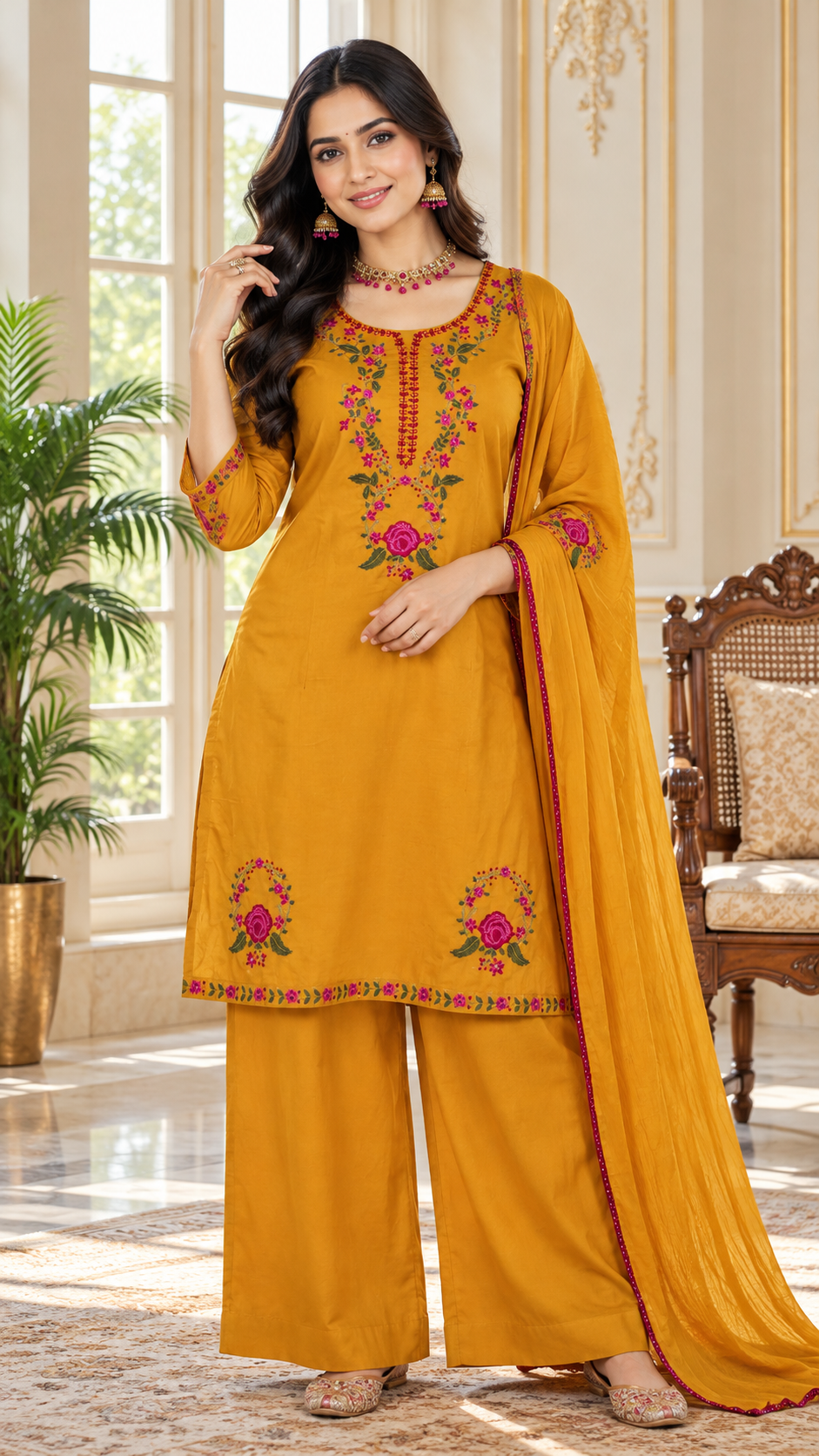 Women Mustard Yellow Embroidered Cotton Kurta Pant Dupatta