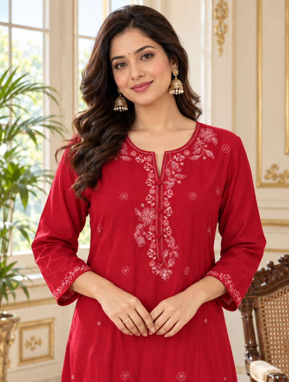 Women Red Embroidered Cotton Kurta Pant Dupatta