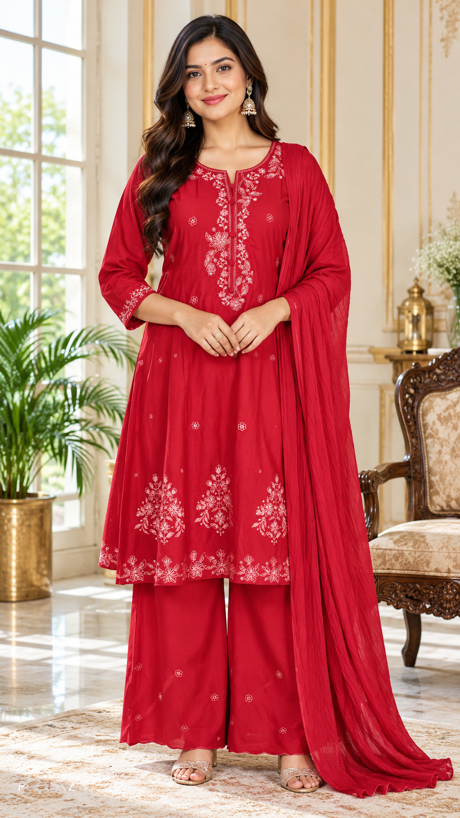 Women Red Embroidered Cotton Kurta Pant Dupatta