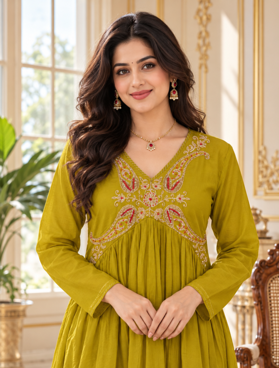 Women Yellow Zari Cotton Kurta Pant Dupatta