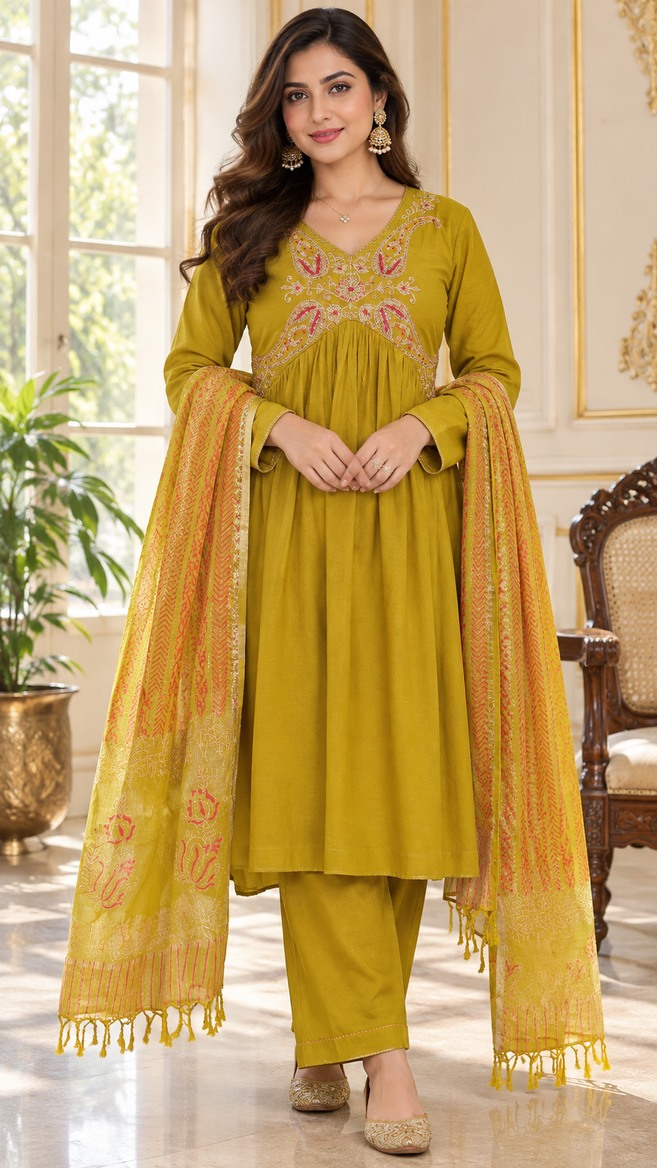 Women Yellow Zari Cotton Kurta Pant Dupatta