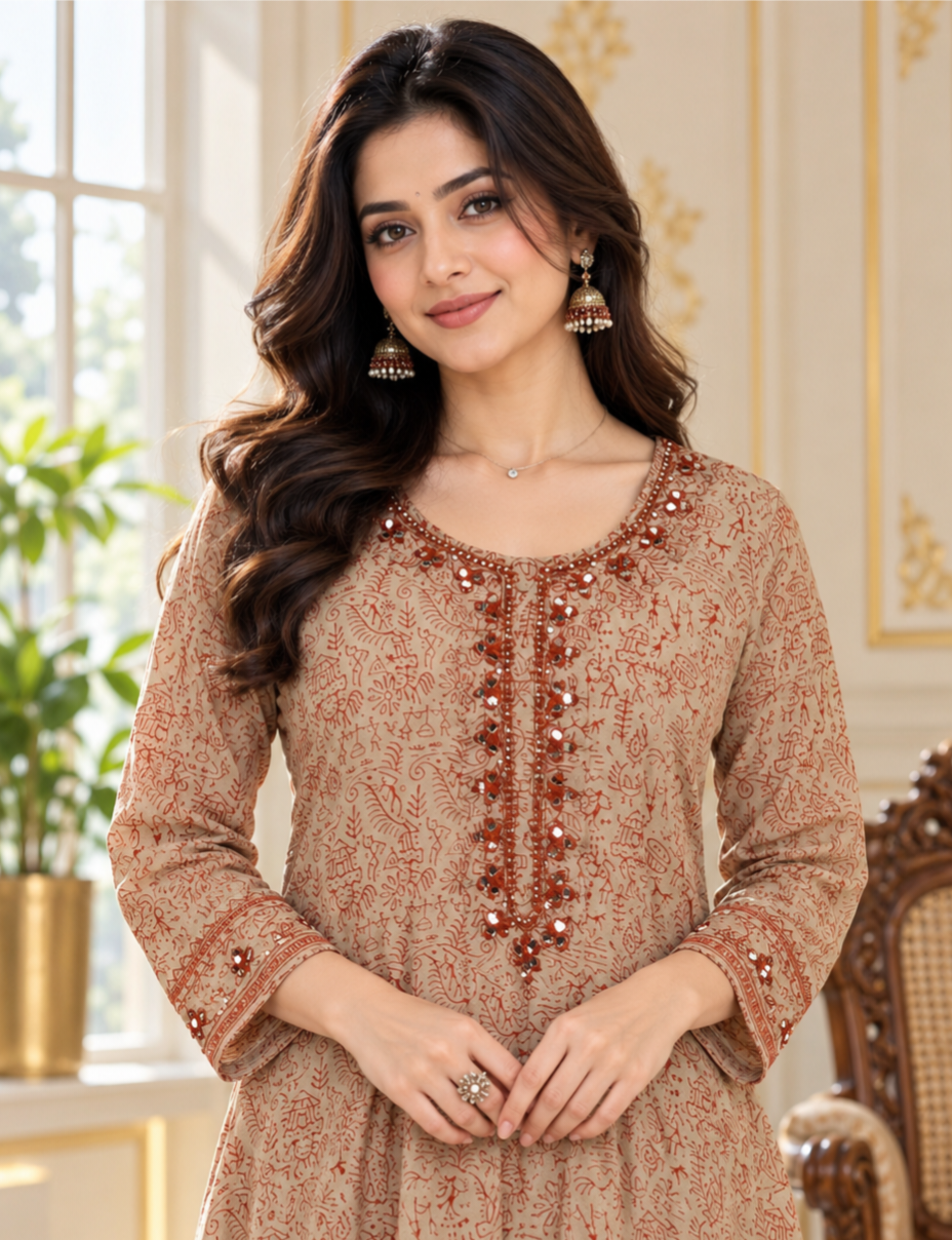 Women Beige Mirror Cotton Kurta Pant Dupatta