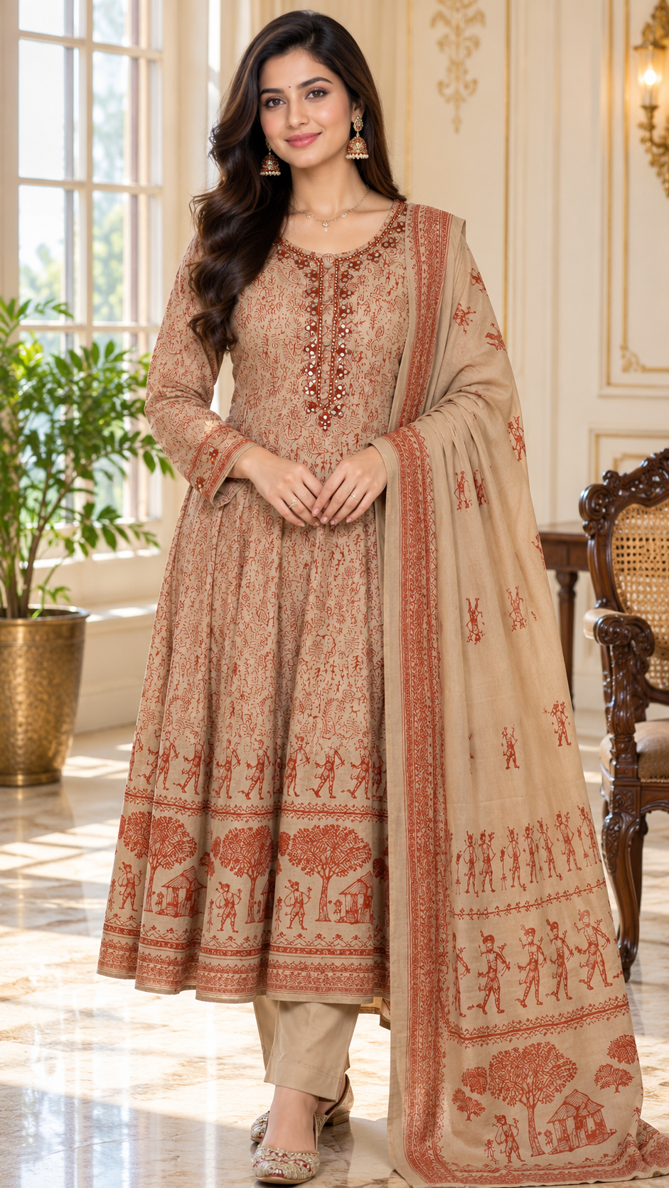Women Beige Mirror Cotton Kurta Pant Dupatta