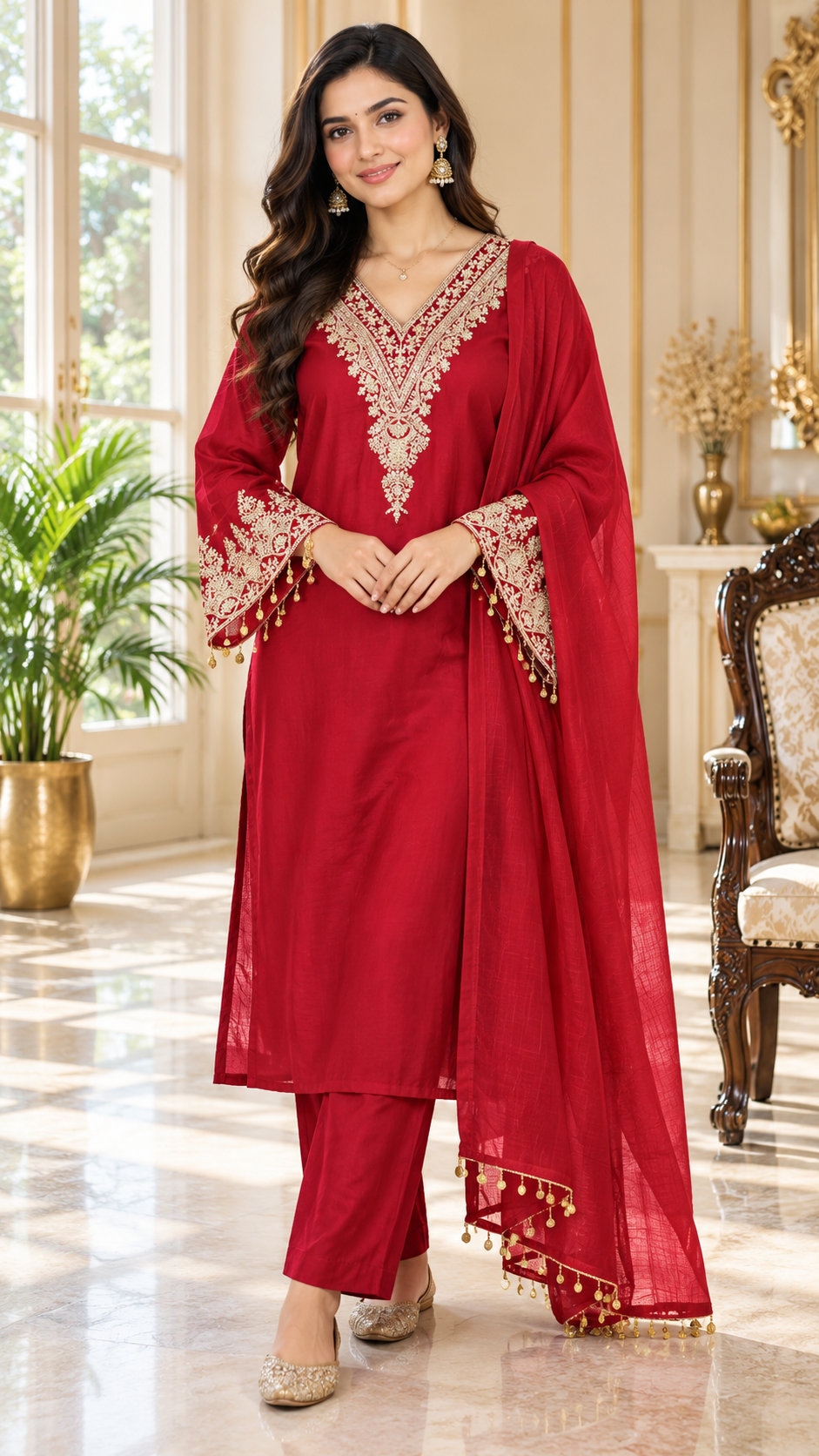 Women Red Zari Mul Chanderi Kurta Pant Dupatta