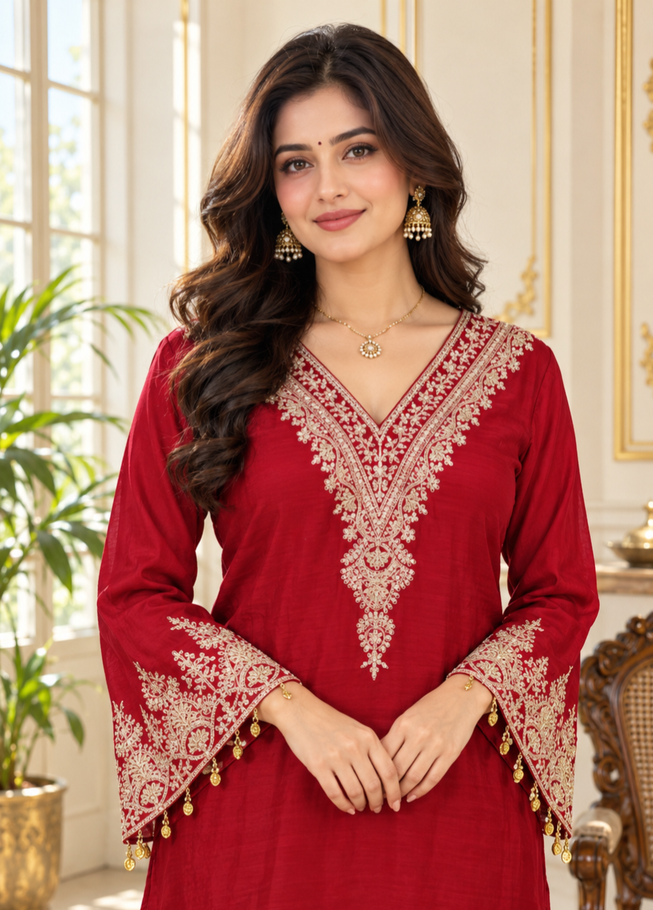 Women Red Zari Mul Chanderi Kurta Pant Dupatta