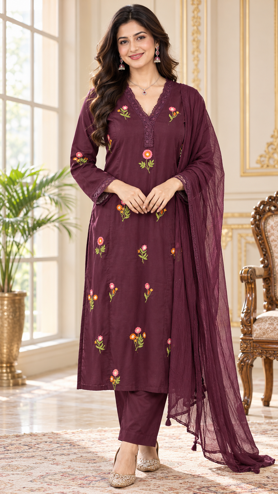 Women Purple Embroidered Cotton Kurta Pant Dupatta