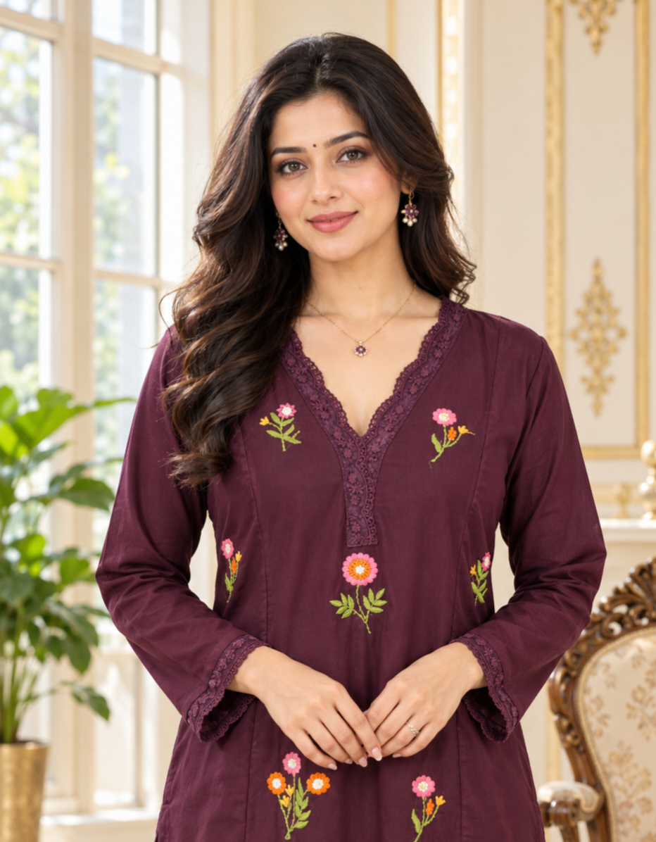 Women Purple Embroidered Cotton Kurta Pant Dupatta