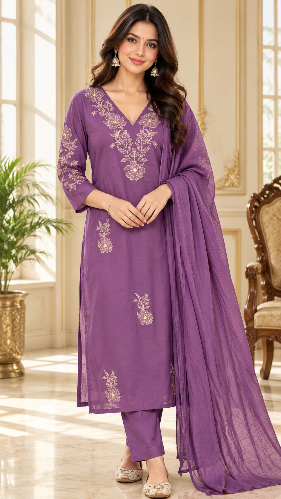 Women Purple Embroidered Cotton Kurta Pant Dupatta