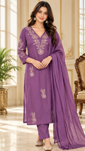 Women Purple Embroidered Cotton Kurta Pant Dupatta