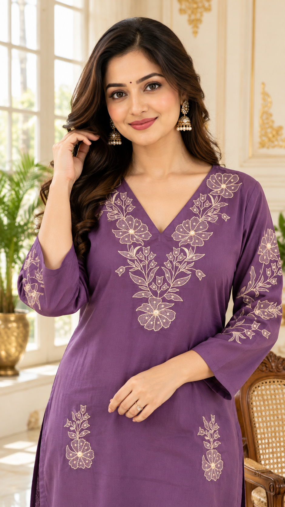Women Purple Embroidered Cotton Kurta Pant Dupatta
