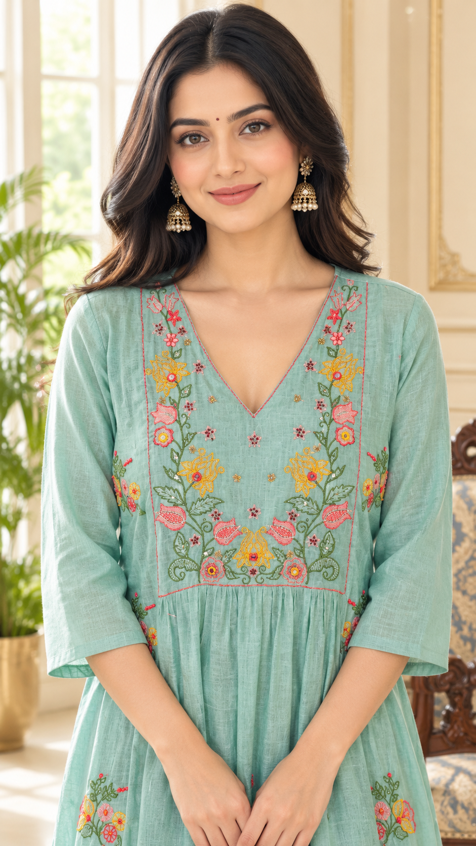 Women Mineral Green Embroidered Cotton Kurta Pant Dupatta