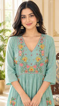 Women Mineral Green Embroidered Cotton Kurta Pant Dupatta
