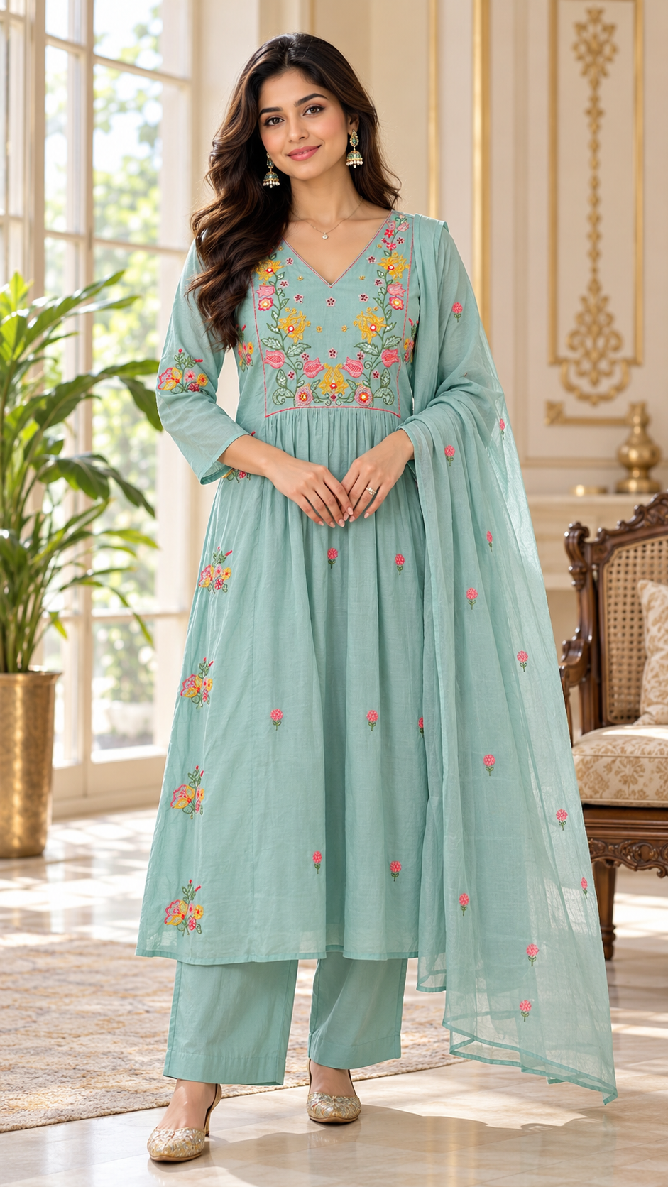 Women Mineral Green Embroidered Cotton Kurta Pant Dupatta