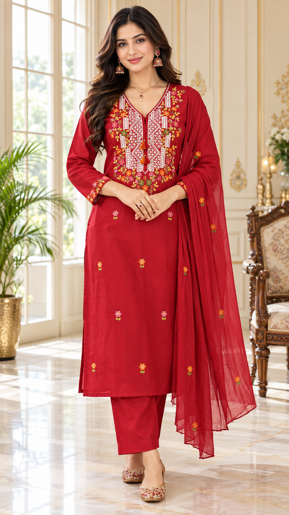 Women Red Chikankari Cotton Kurta Pant Dupatta