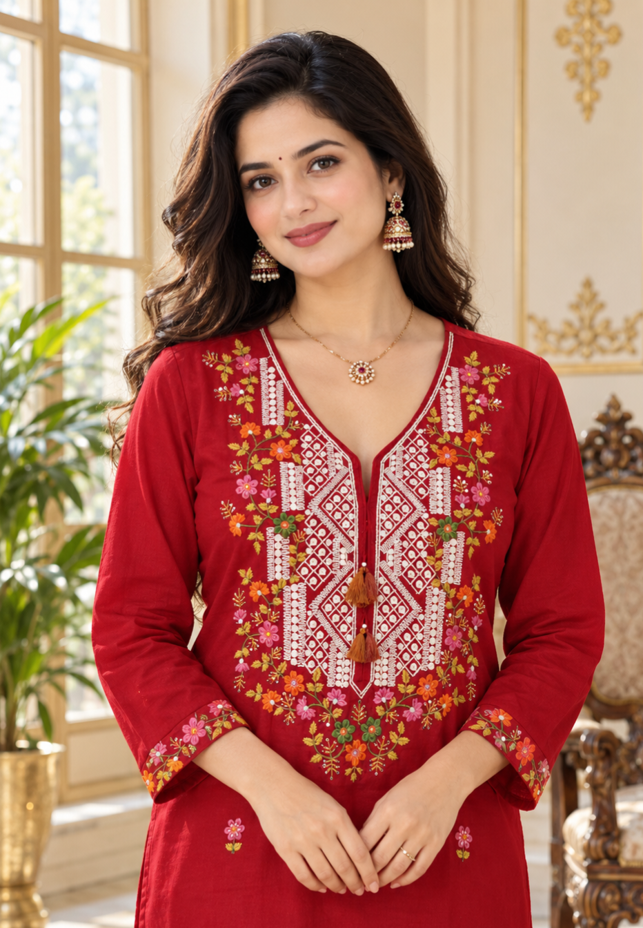 Women Red Chikankari Cotton Kurta Pant Dupatta