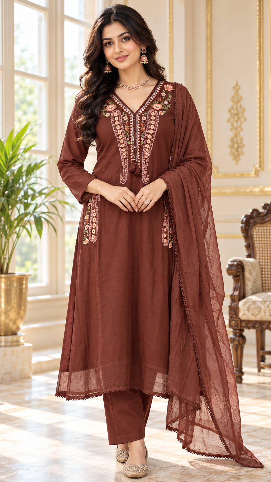 Women Brown Embroidered Cotton Kurta Pant Dupatta