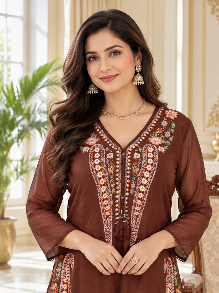 Women Brown Embroidered Cotton Kurta Pant Dupatta