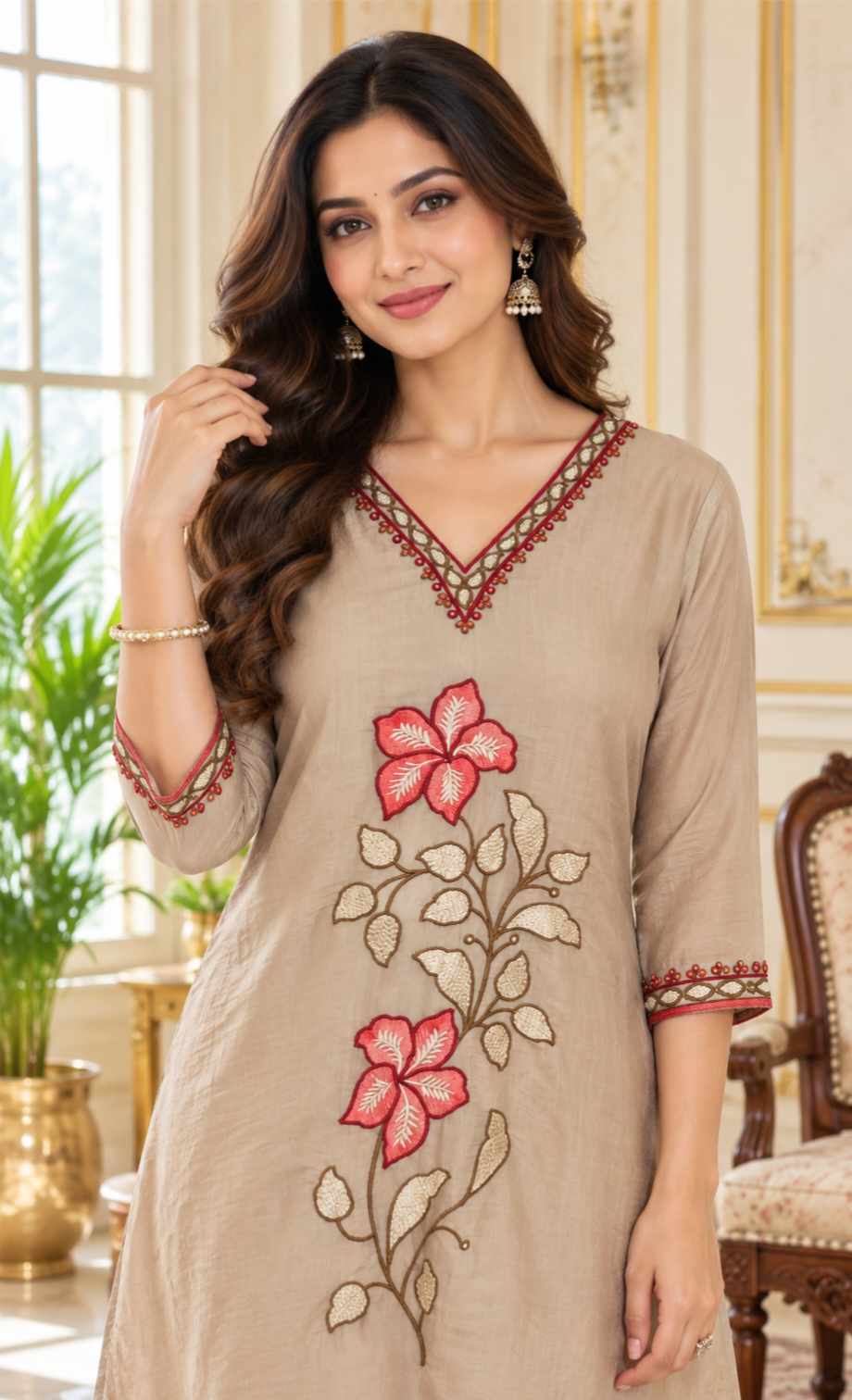 Women Beige Embroidered Mul Chanderi kurta Pant Dupatta