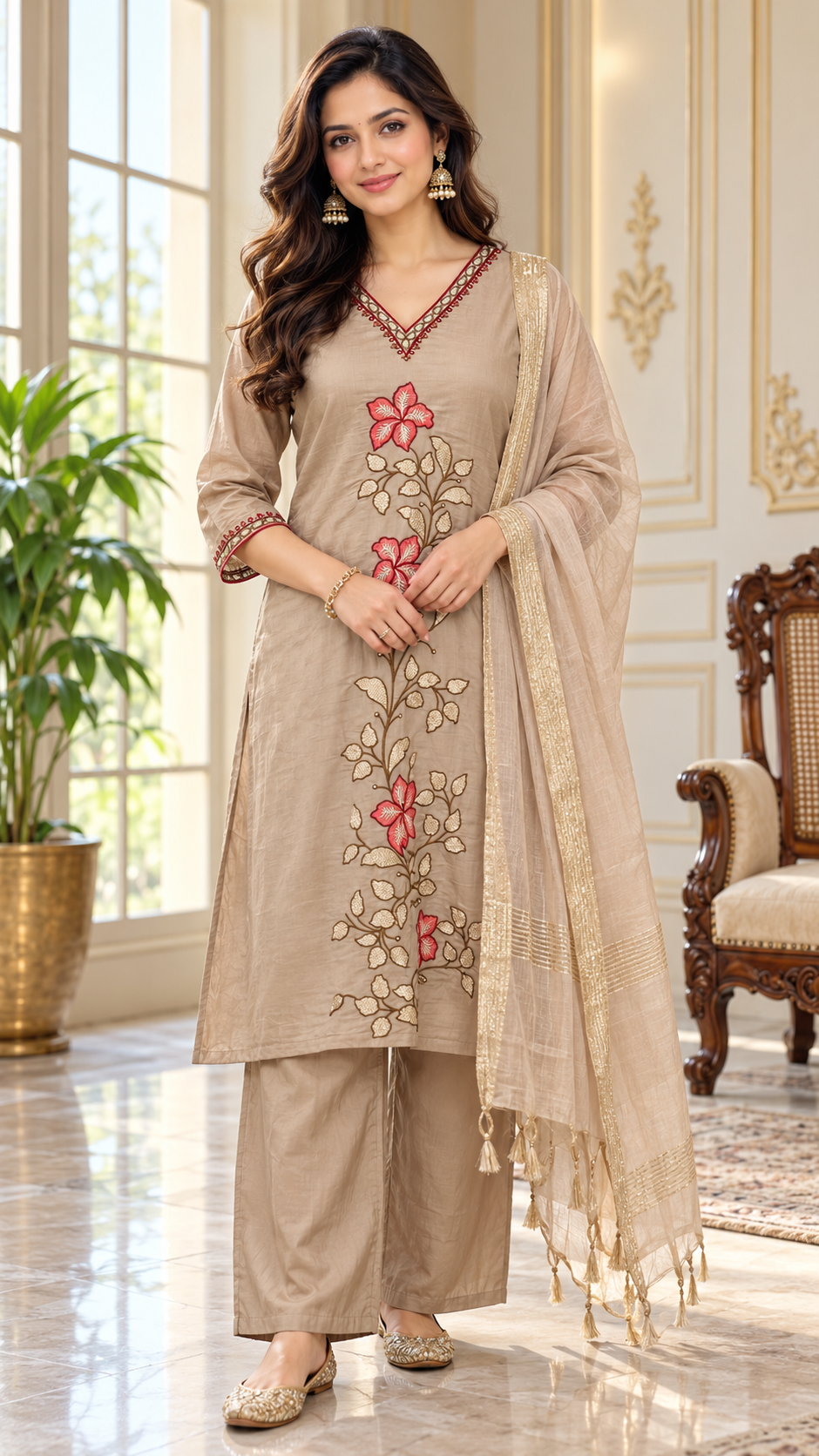 Women Beige Embroidered Mul Chanderi kurta Pant Dupatta