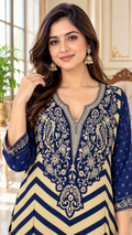 Women Blue Embroidered Silk Kurta Pant Dupatta