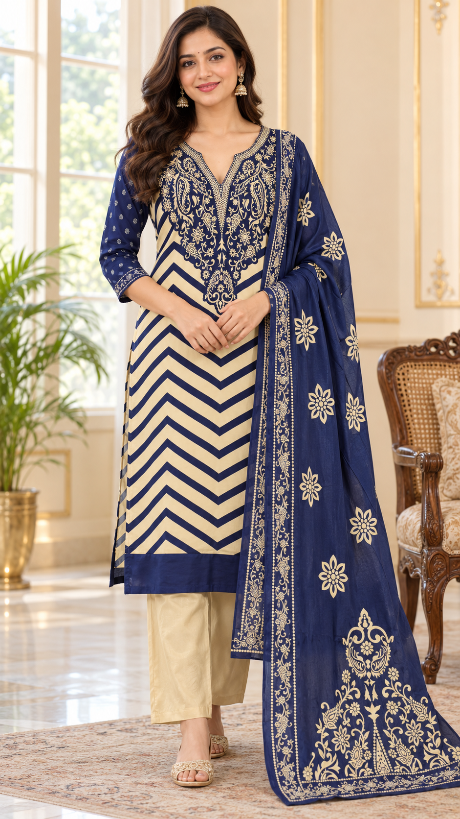 Women Blue Embroidered Silk Kurta Pant Dupatta